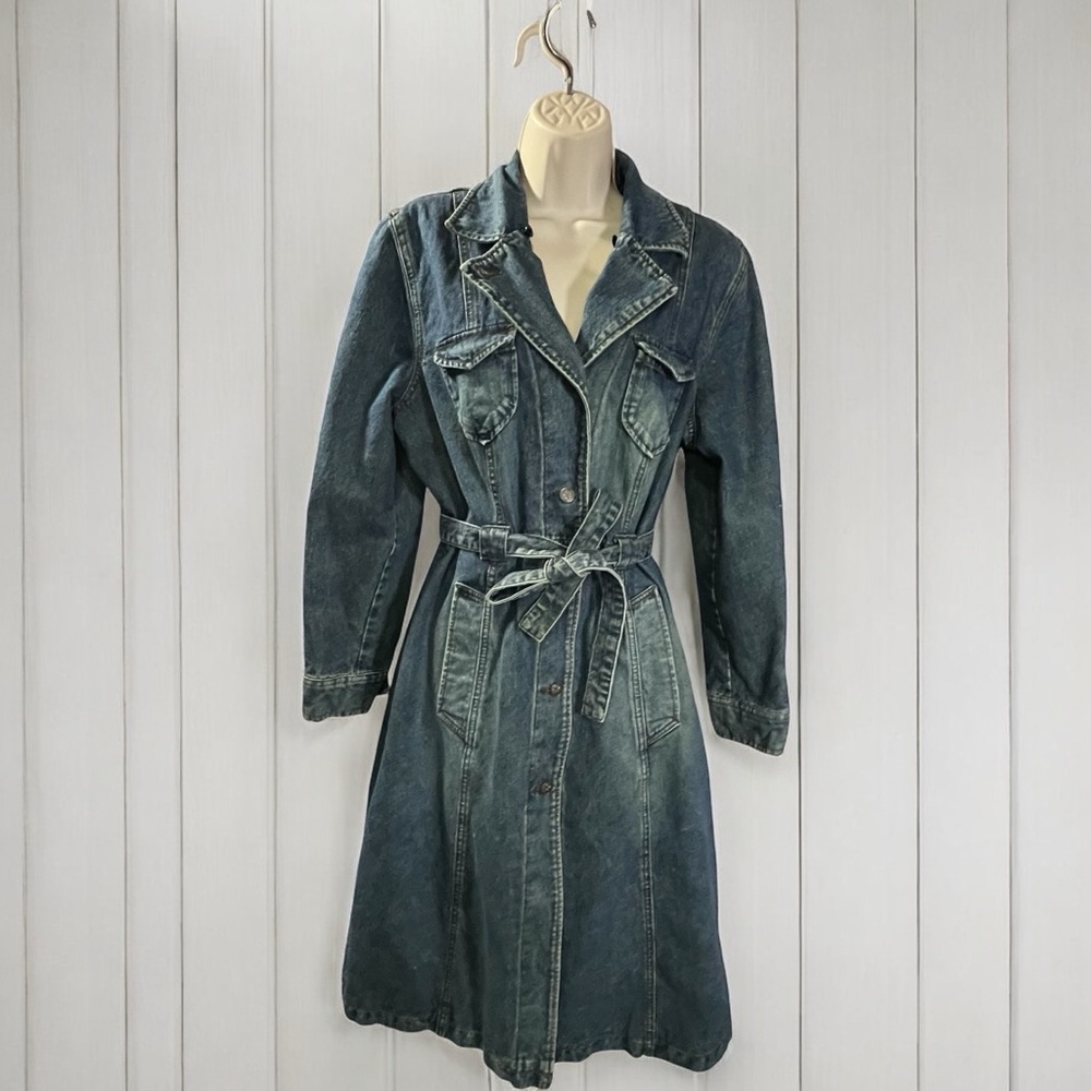 Y2K 2000s Denim Jean Trench Coat Jacket Quilted Tie Womens Medium Vintage